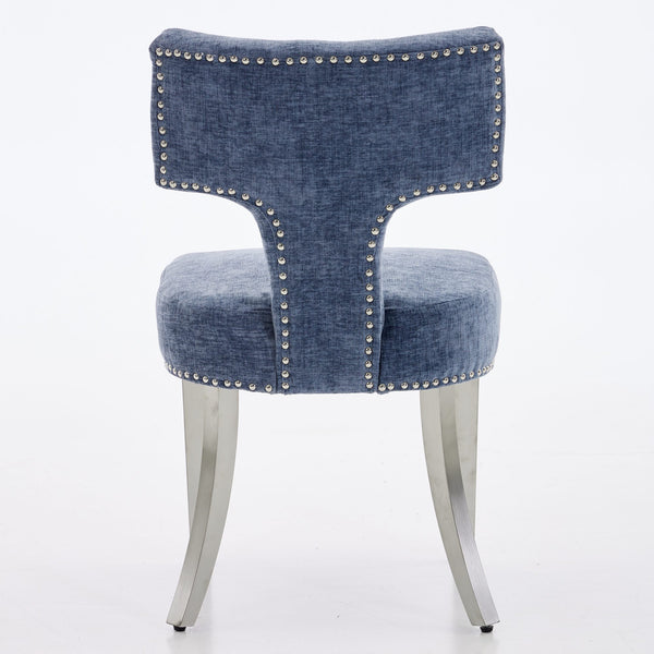 English Elm Mid Century Modern Dining Chairs with Copper Nail Trim, Plush High-Density Foam Seats, Brushed Steel Legs Blue W1143P314901