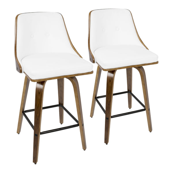 English Elm Gianna 26" Mid-Century Counter Stool with Walnut Bentwood Back and Tufted Faux Leather Swivel White B202S00299