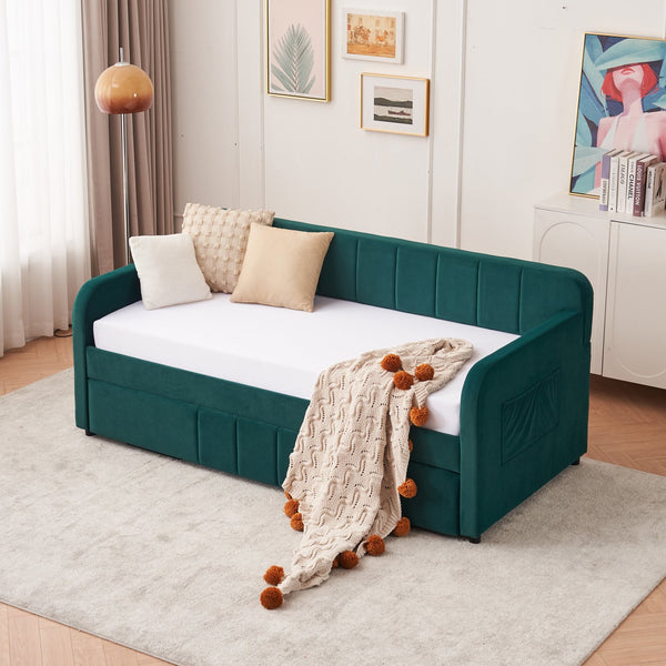 English Elm Twin Upholstered Daybed with Trundle Sofa Bed for Guest Room, Pine Wood Frame, Velvet Upholstery, Sturdy Slat Support and Full-Length Comfort Emerald W1361S00024