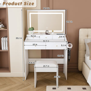 English Elm New Large Mirror Vanity Desk with 5 Drawers, Built-In Outlet & Hairdryer Holder, 3-Mode LED Lighting White W509P339034