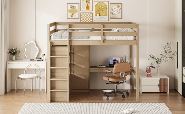 English Elm Wood Full Size Loft Bed with Built-In Desk, Wardrobe, Shelves & Drawers for Space-Saving Rooms Walnut GX000466AAD