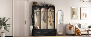 English Elm Farmhouse Hall Tree with Arched Panels Bench Drawers and Hooks for Mudroom Entryway Black W5271S00005