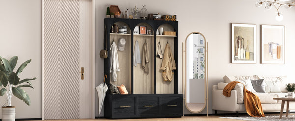 English Elm Farmhouse Hall Tree with Arched Panels Bench Drawers and Hooks for Mudroom Entryway Black W5271S00005