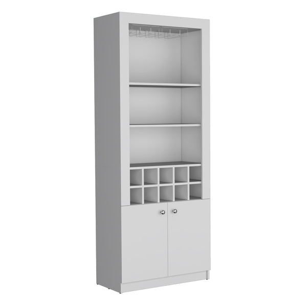 English Elm Nero 74-Inch Tall Modern Bar Cabinet with 10-Bottle Cubbies, 16 Stemware Slots & 4 Shelves, White B200P188834