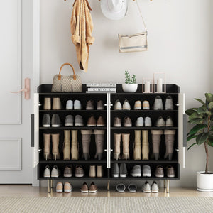 English Elm Sideboard,shoe Cabinet Four Door Entryway Organizer with Adjustable Shelves Modern Black W1321S00042
