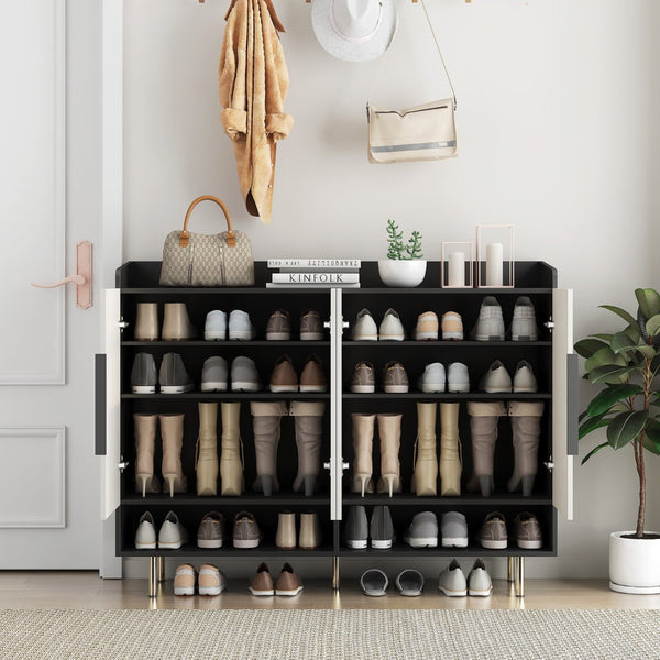 English Elm Sideboard,shoe Cabinet Four Door Entryway Organizer with Adjustable Shelves Modern Black W1321S00042