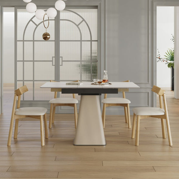 English Elm Retractable Rock Slab Dining Set with Leather Wrapped Base for Compact Apartments W2700S00101