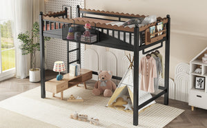 English Elm Twin Kids Platform Bed with Trundle Staircase Bookshelf and Rounded Safety Rails W1580S00380