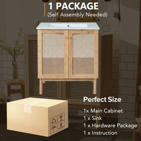 English Elm 30-inch bamboo bathroom vanity with handwoven rattan doors, soft-close hinges, ample storage beauty WF530472AAD