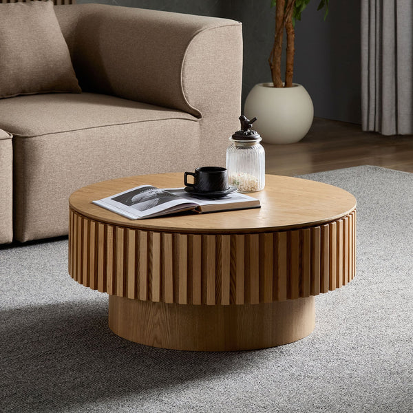 English Elm 31.49'' Round Coffee Table with Hidden Storage, Space-Saving Modern Pedestal Design for Apartments Natural Ash W876P365234