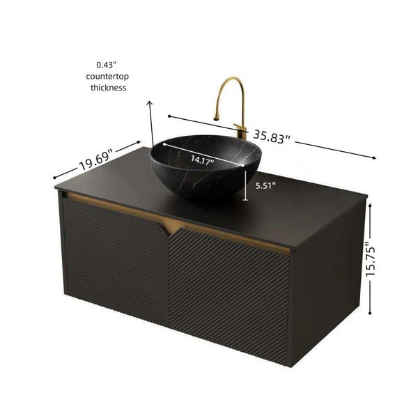 English Elm Dina Floating Bathroom Vanity Sintered Stone Top Glass Basin Striped Plywood Cabinet W2615S00524