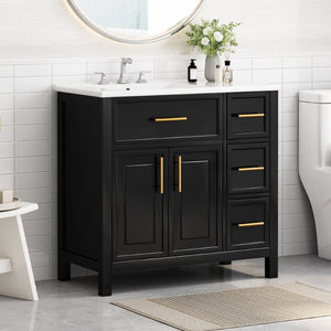 English Elm 36" Matte Freestanding Bathroom Vanity Solid Wood Cabinet Ceramic Sink Three Drawers Black N725P364205B