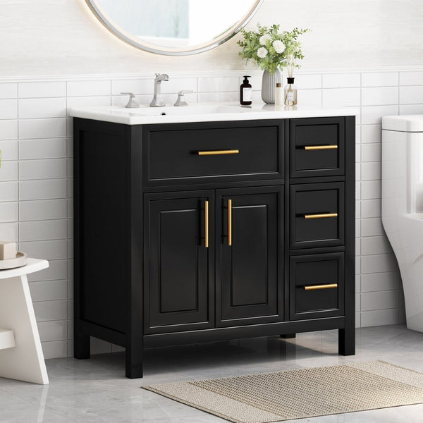 English Elm 36" Matte Freestanding Bathroom Vanity Solid Wood Cabinet Ceramic Sink Three Drawers Black N725P364205B