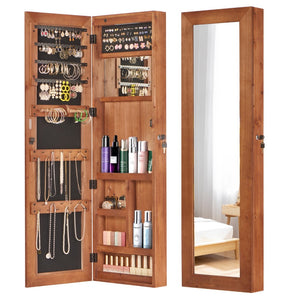 English Elm Solid Wood Wall Mounted Jewelry Armoire with Led Lighting Auto Activated Mirror Cabinet Brown W2640P356585