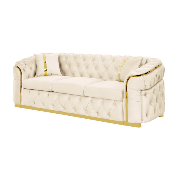 English Elm 2pcs Italian Velvet Chesterfield Sofa Set Tufted Three Seater with Gold Steel Legs Beige W1191S00044