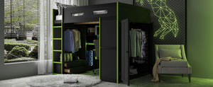 English Elm Full Size Gaming Loft Bed with Rgb Lighting Desk Wardrobe and Built-in Storage Green LT100261AAG
