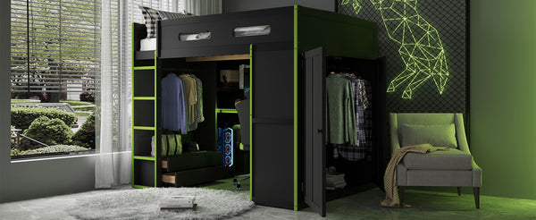 English Elm Full Size Gaming Loft Bed with Rgb Lighting Desk Wardrobe and Built-in Storage Green LT100261AAG