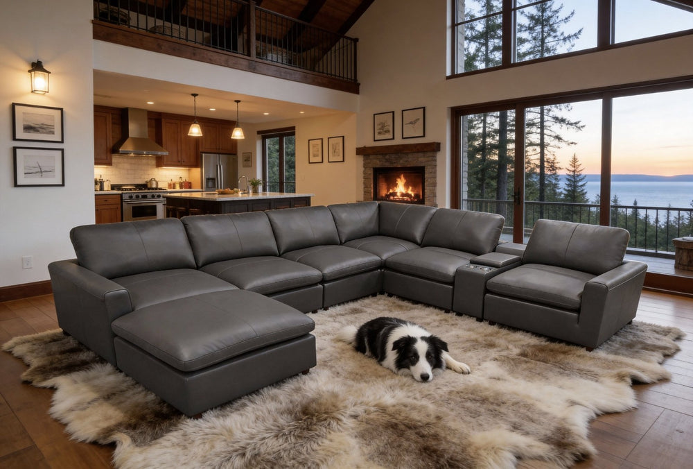 English Elm Leather Match Modular Sectional with Built-in Console for Open Concept Living Rooms Blue Gray B2748S00173