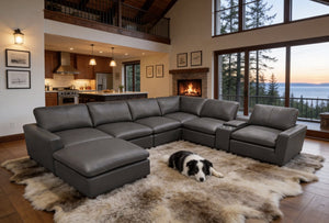 English Elm Leather Match Modular Sectional with Built-in Console for Open Concept Living Rooms Blue Gray B2748S00173