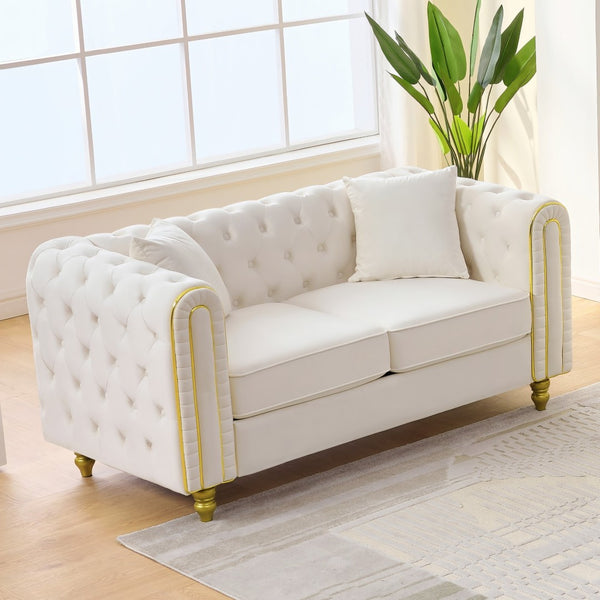English Elm 3 Piece Chesterfield Velvet Sofa Set Button Tufted with Gold Legs for Living Room Beige W3373S00082