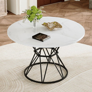 English Elm A Round Marble Patterned Mdf Dining Table with Matte Hourglass Base Seats Six White+Black W1151P434791