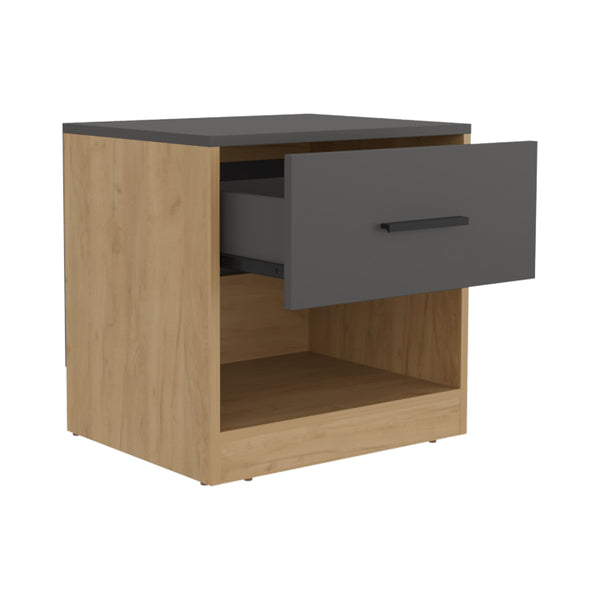 English Elm Kemp Modern Nightstand in Matt Grey & Macadamia — Engineered Wood, Smooth-Glide Drawer, Open Shelf B092P286125