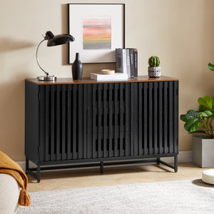 English Elm 3 Drawer Black Dresser with 4 Shelves and Slatted Grille Doors — Modern MDF Sideboard, Durable Metal Legs, Ample Storage for Bedroom & Living Room W578P193314