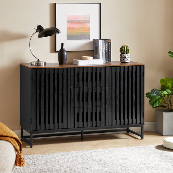 English Elm 3 Drawer Black Dresser with 4 Shelves and Slatted Grille Doors — Modern MDF Sideboard, Durable Metal Legs, Ample Storage for Bedroom & Living Room W578P193314