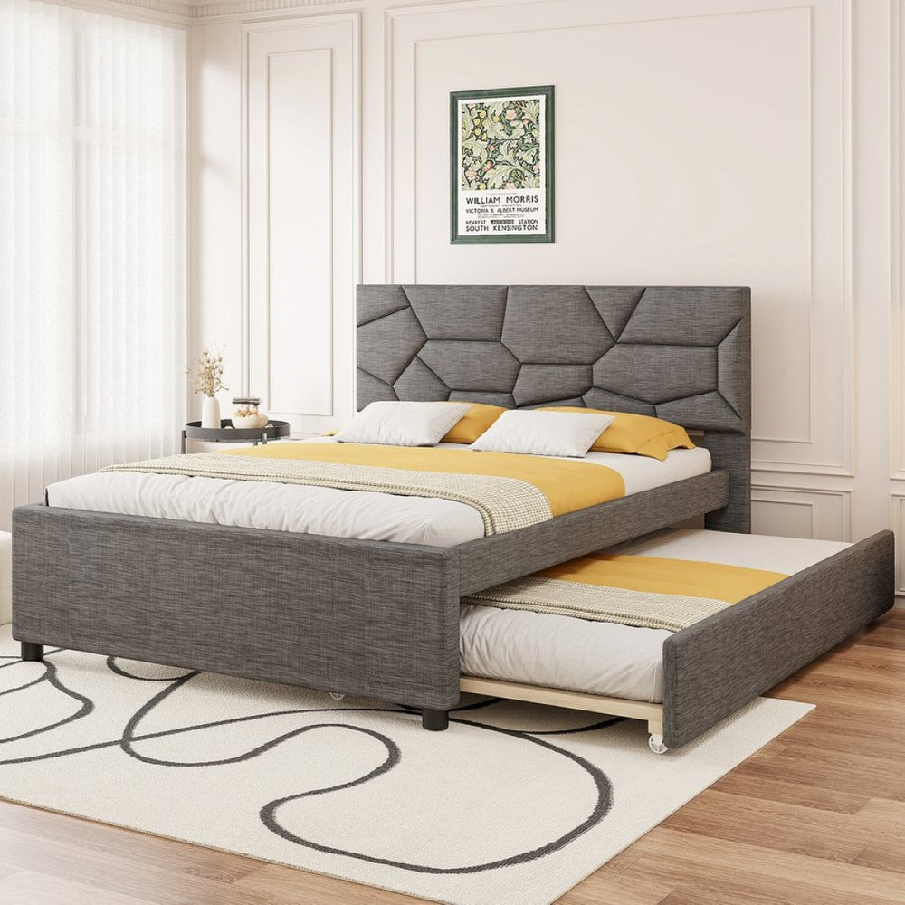 English Elm Queen Linen Upholstered Platform Bed with Brick Textured Headboard and Pull Out Trundle SF000004AAE-1