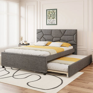 English Elm Queen Linen Upholstered Platform Bed with Brick Textured Headboard and Pull Out Trundle SF000004AAE-1
