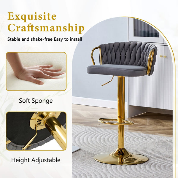 English Elm Set of 2 Velvet Swivel Barstools with Braided Rope Back and Adjustable Pedestal Base Gold,Gray W3875P383914