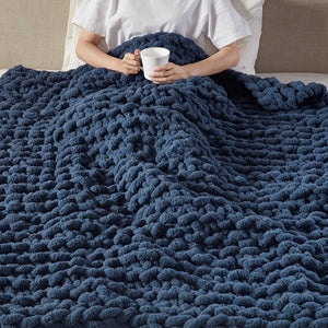 Madison Park Chenille Chunky Knit Casual Throw MP50-8238 Navy Blue