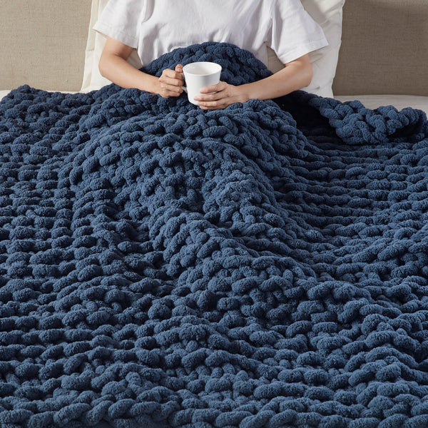 Madison Park Chenille Chunky Knit Casual Throw MP50-8238 Navy Blue