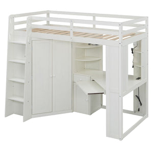English Elm Twin Loft Bed with Wardrobe Desk Charging Station and Spotlights for Small Rooms Beige White LT000450AAK