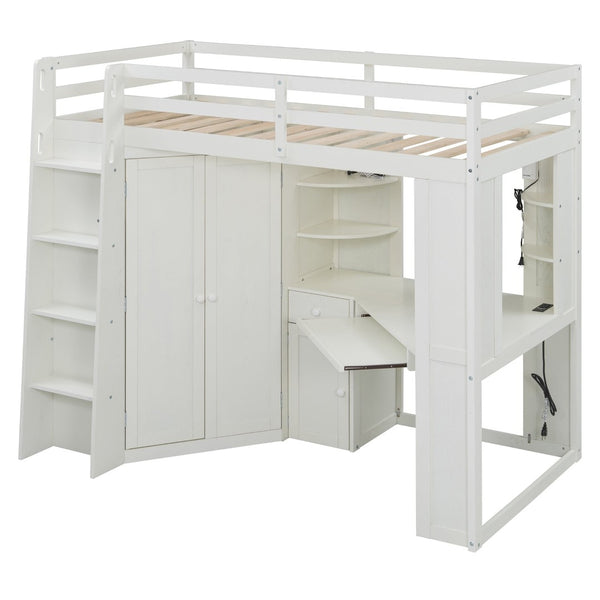English Elm Twin Loft Bed with Wardrobe Desk Charging Station and Spotlights for Small Rooms Beige White LT000450AAK