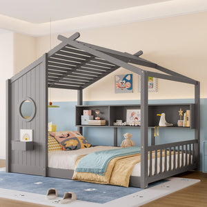 English Elm Full House Floor Bed with Roof Playhouse Design, Montessori Style with Rear Storage Shelf, Sturdy Pine Gray 78.5 L x 16.35 W x 8 H N733P335068E