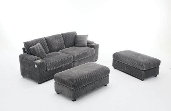 English Elm Corduroy Upholstered Chaise Lounge Sofa with Movable Ottoman, Cup Holder, Deep Seat Comfort Grey W2120S00007