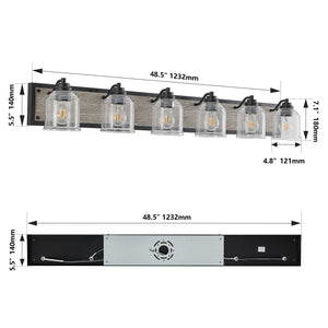 English Elm 49" Farmhouse Vanity Light Fixture - 6-Light Industrial Bathroom Sconce with Clear Seeded Glass Shades, Black Wood Finish W2312P374829