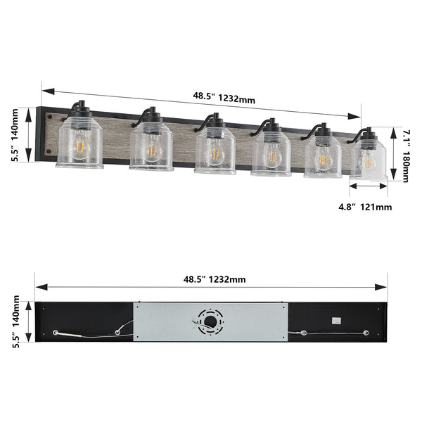 English Elm 49" Farmhouse Vanity Light Fixture - 6-Light Industrial Bathroom Sconce with Clear Seeded Glass Shades, Black Wood Finish W2312P374829