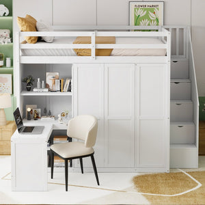 English Elm Full Size Loft Bed with Wardrobe Desk and Shelving for Modern Teen Bedroom White LT000679AAK-1