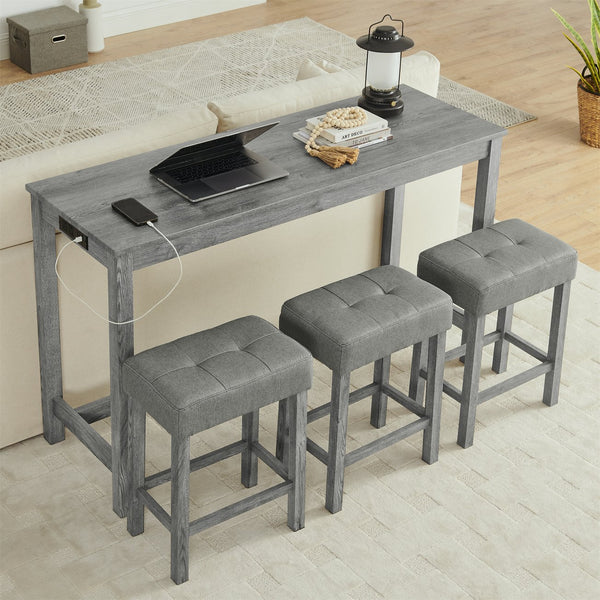 English Elm 59 Inch Bar Table with Built-In Power Outlet and 3 Upholstered Stools, Sturdy MDF & Solid Wood Design for Kitchen Dining Living Room Grey W2972P277848