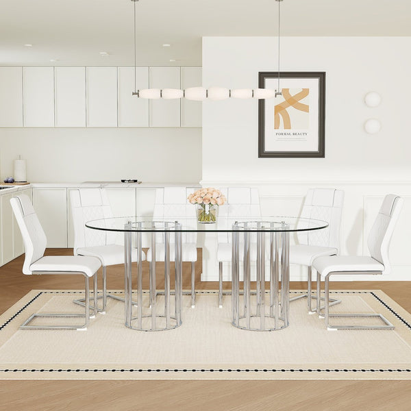 English Elm Table and Chair Set Oval Glass Top Twin Column Base with Six Pu Leather Seats Silver,Transparent,White W1151S04738