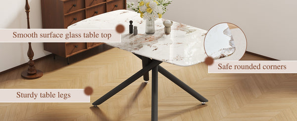 English Elm Large Tempered Glass Rectangular Dining Table Seats Six with Matte Black Metal Frame W1151S04539