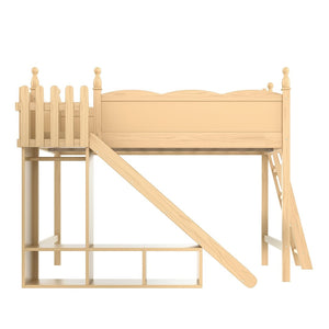 English Elm Queen Solid Pine Loft Bed with Wardrobe Shelves Detachable Slide and Dual Sleeping Zones Natural W5305S00027