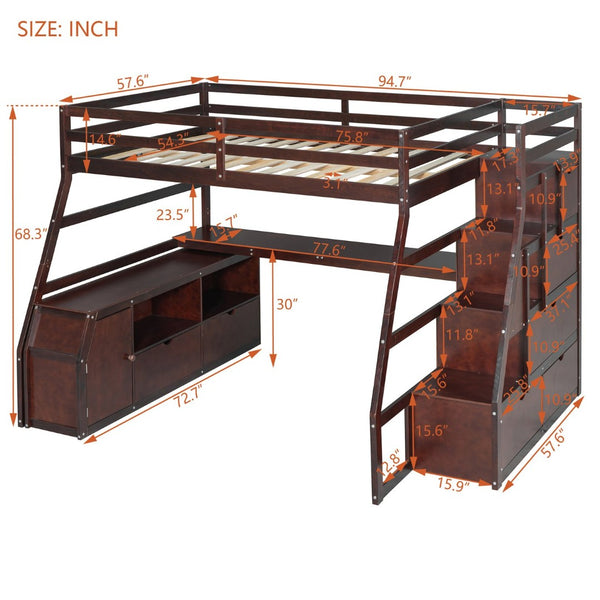 English Elm Full Size Kids Loft Bed with Integrated Desk Seven Drawers and Open Shelving Espresso LT000649AAP