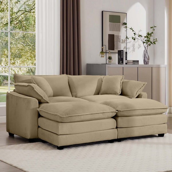 English Elm Corduroy Two-Seater Sofa With Ottoman & Footrest - Chic Tan Sofa For Small Spaces & Cozy Living Areas W714S00791