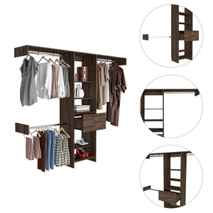 English Elm Cross Closet System premium organizer with one smooth drawer, three metal rods and five open shelves for versatile storage and style Brown 82.68 L x 20.87 W x 3.94 H B128S00082