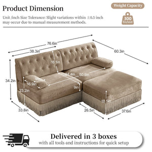 English Elm L-shaped Velvet Chesterfield Sectional Sofa with Tassel Skirt and Tufted Modular Design Camel W714S01695