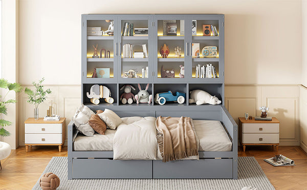 English Elm Full Size Wooden Daybed With Stylish Led Lighting, Glass Storage Cabinets & Versatile Shelves In Gray N820S00051E