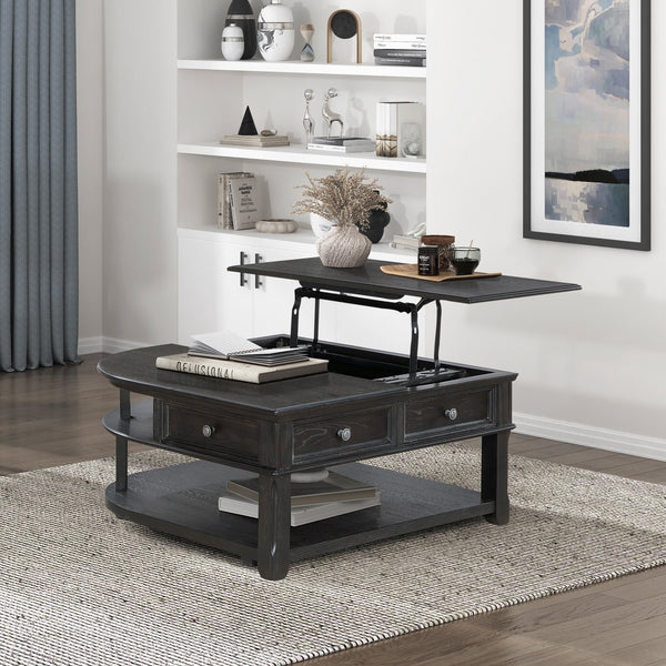 English Elm Living Lift-Top Coffee Table with Hidden Storage, Dovetail Drawer, Open Shelves, Casters & Pewter Knobs Charcoal 42.25 L x 42 W x 11.25 H B011P298843